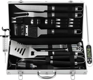 Grilljoy 24PCS BBQ Grill Tools Set With Meat Thermometer And Injector - Extra Thick Stainless Steel Fork, Spatula& Tongs - Complete BBQ Accessori (Option: Black-Stainless Steel)
